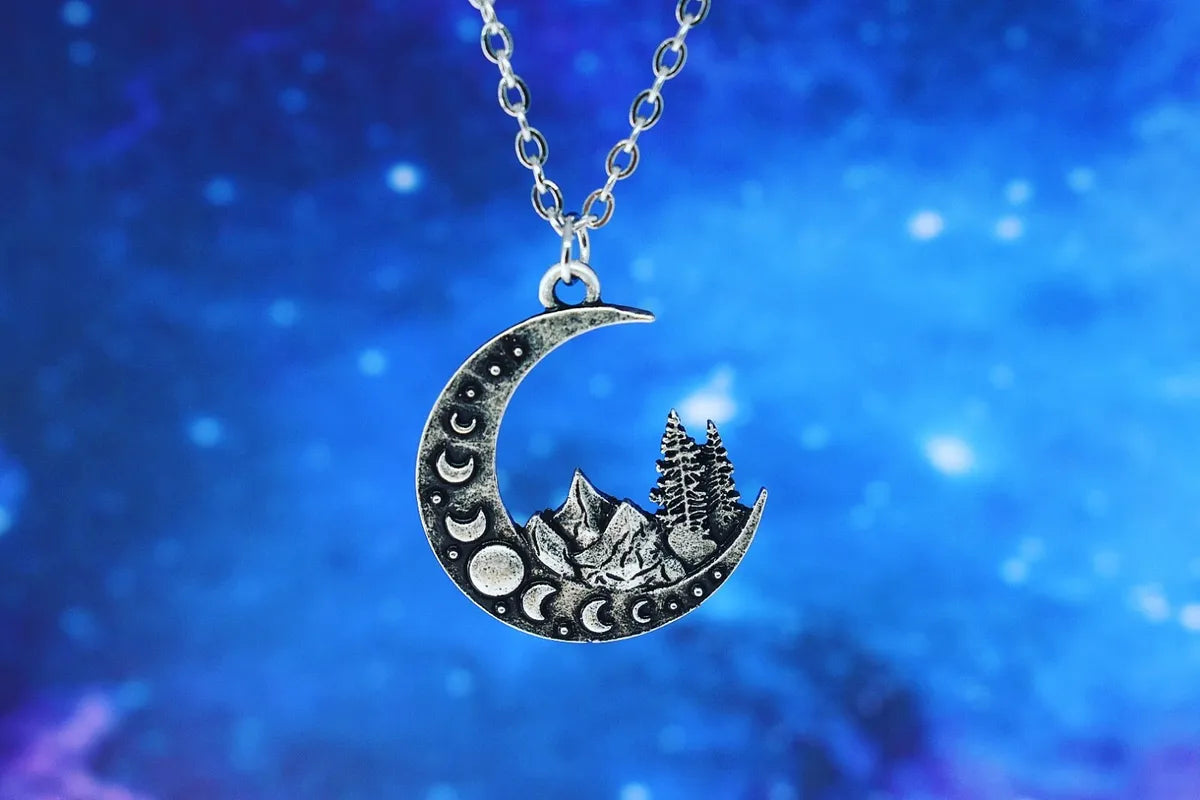 Crescent Moon Necklace with Moon Phase, Wicca Jewelry, Gothic Jewelry